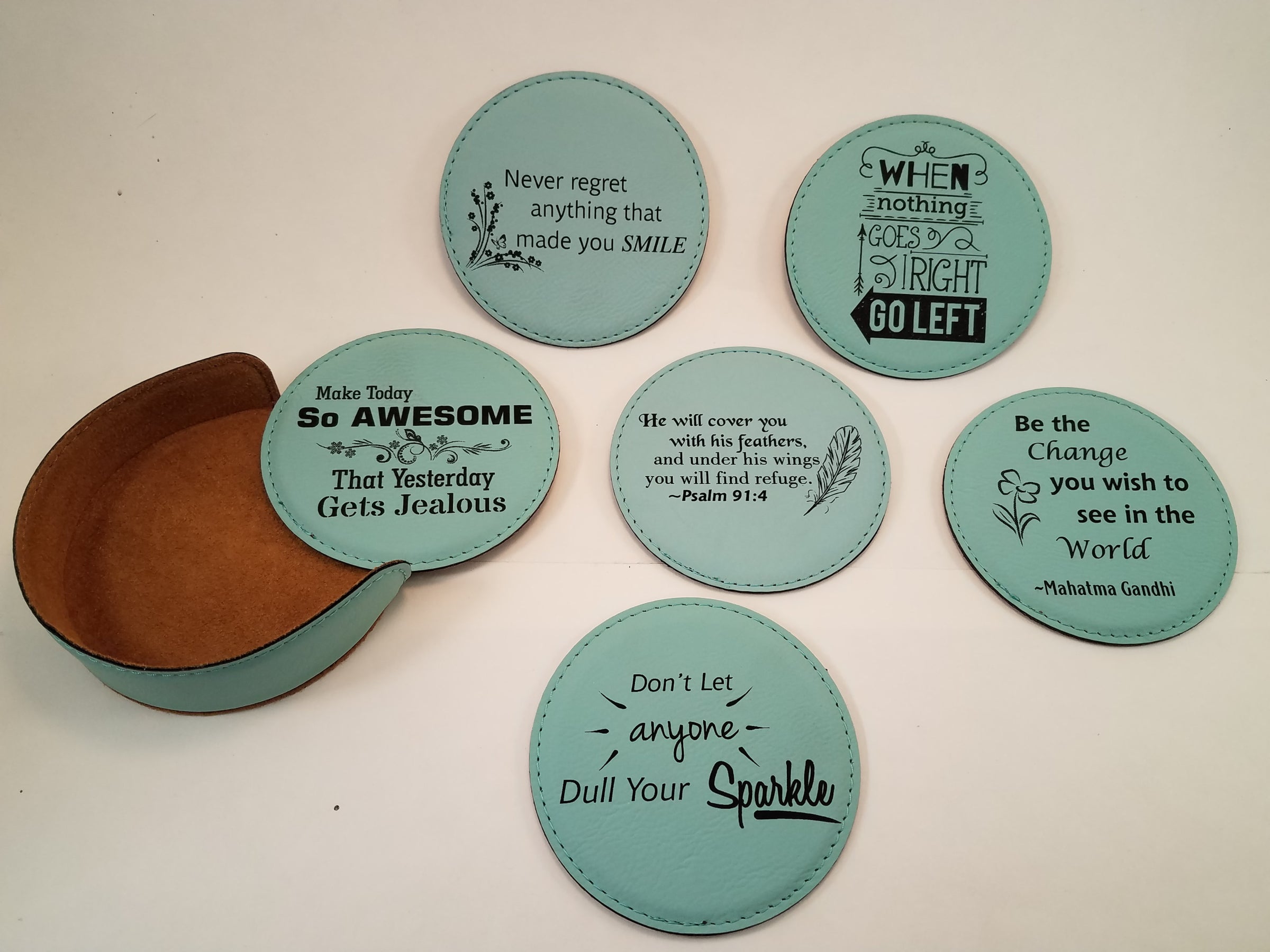 Teal round coasters - inspirational set | Personalized Treasures LLC, image size:2400x1800